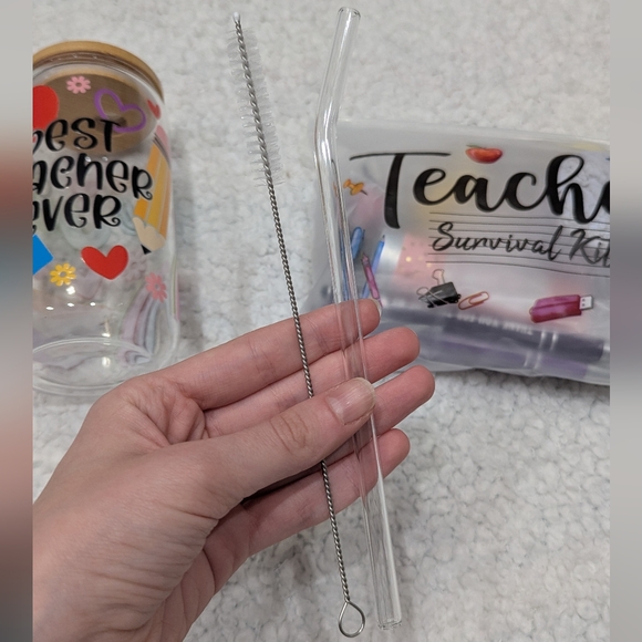 Best Teacher Ever Glass Tumbler with Teacher Survival Kit - Picture 4 of 16
